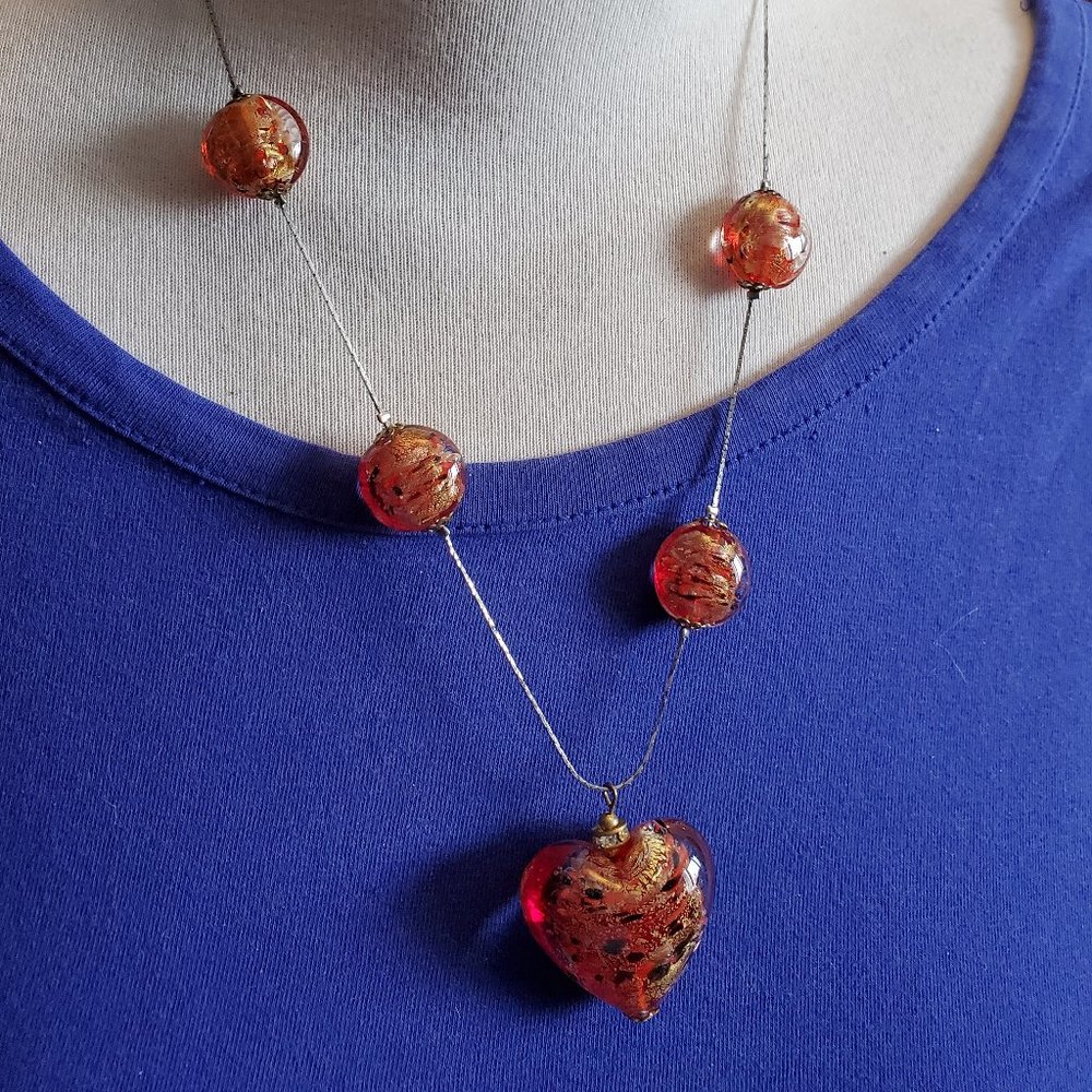 18" Silver Tone Orange Glass Bead Heart Necklace